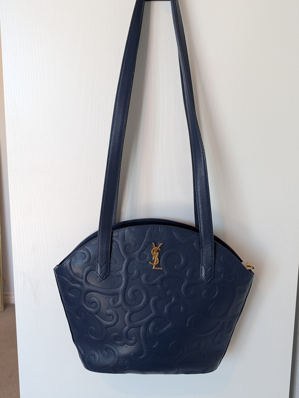 Vintage Saint Laurent Navy Embossed Leather Shoulder Bag